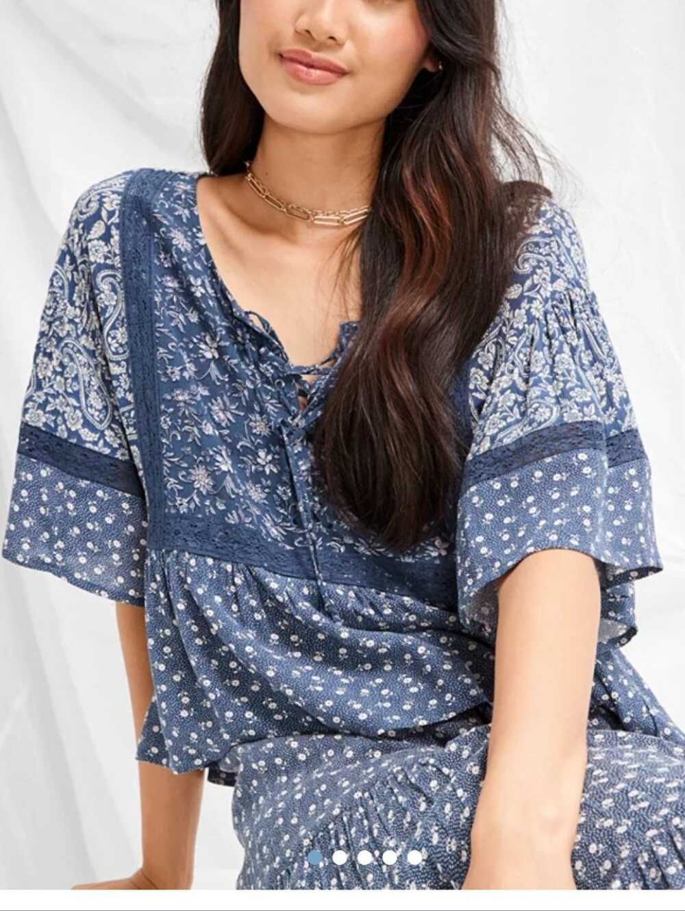 American Eagle Outfitters Navy Blue Floral Mix-Print Peasant Tunic